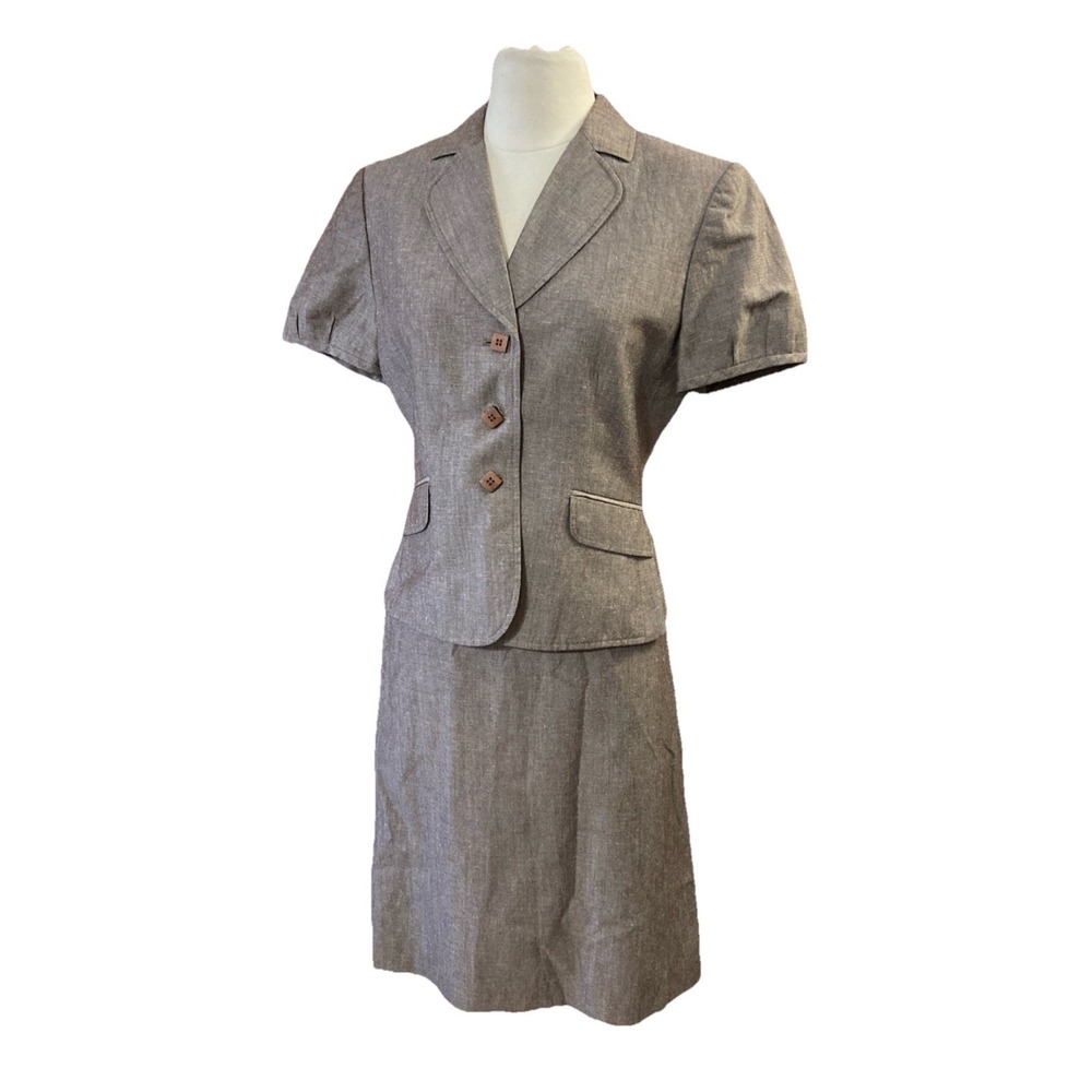 Tahari Linen Blend Skirt Set women's‎ Sz 8 Brown Suit Set short sleeve Career